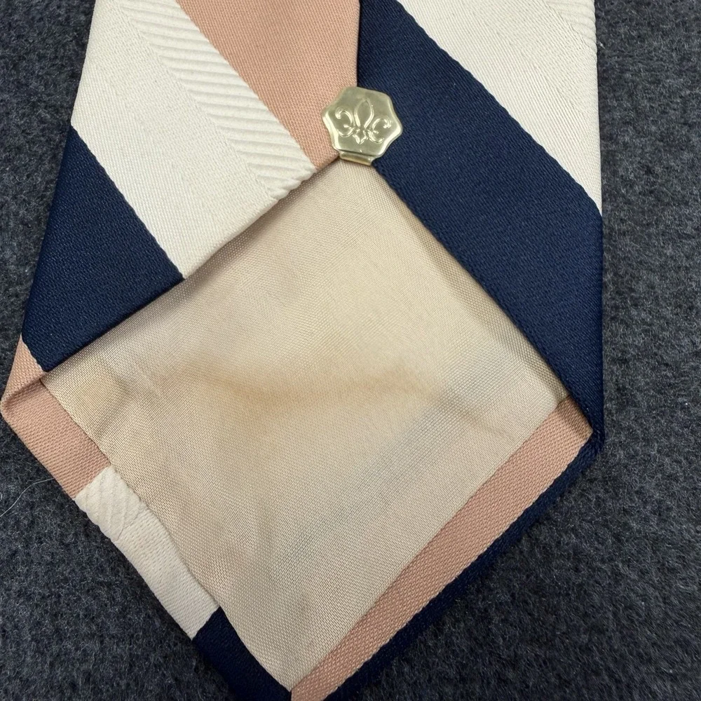 Vtg Hickok by Le-Bils 70s Mod Striped Mens Tie Navy Blue Peach Cream Polyester